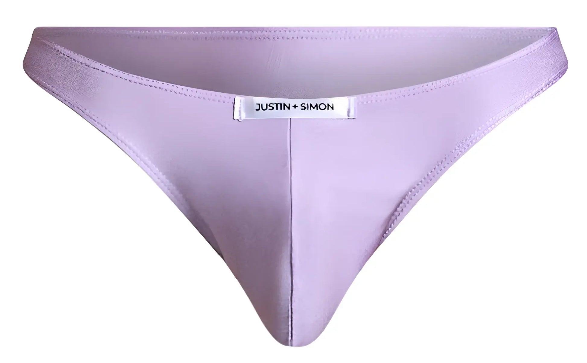 Lavender-colored smooth textured briefs with subtle sheen and silver justin simon brand tag at the waistband