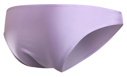 A sleek lavender satin brief with smooth glossy finish and neatly stitched edges from justin simon xsj01 classic bikini