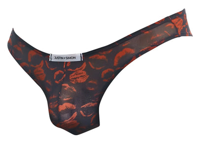 Justin + simon classic bikini xsj01 black and orange lip print mesh thong featuring color lips design