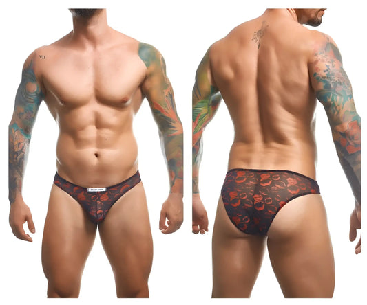 Black briefs with red floral pattern and sheer mesh fabric from justin simon classic bikini color lips collection
