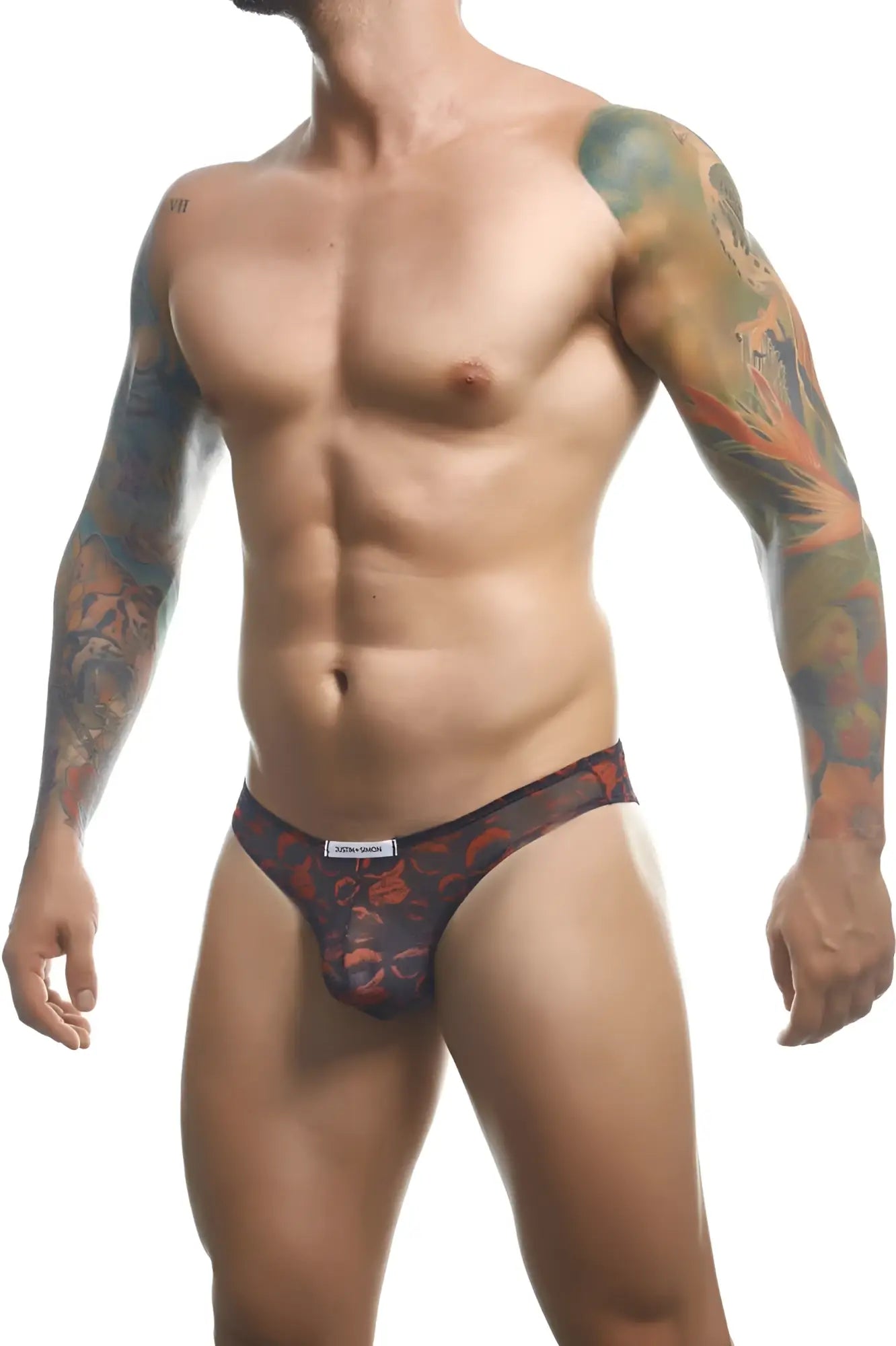 Justin+Simon XSJ01 classic bikini color lips men’s briefs in black and red floral sheer mesh fabric
