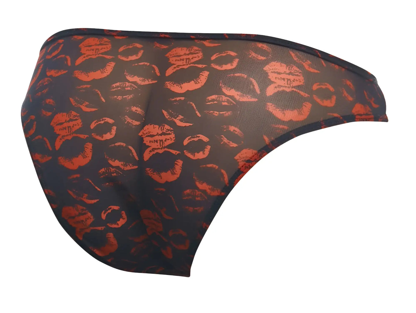 Black sheer briefs with bold orange lipstick print pattern from justin simon xsj01 classic bikini color lips collection