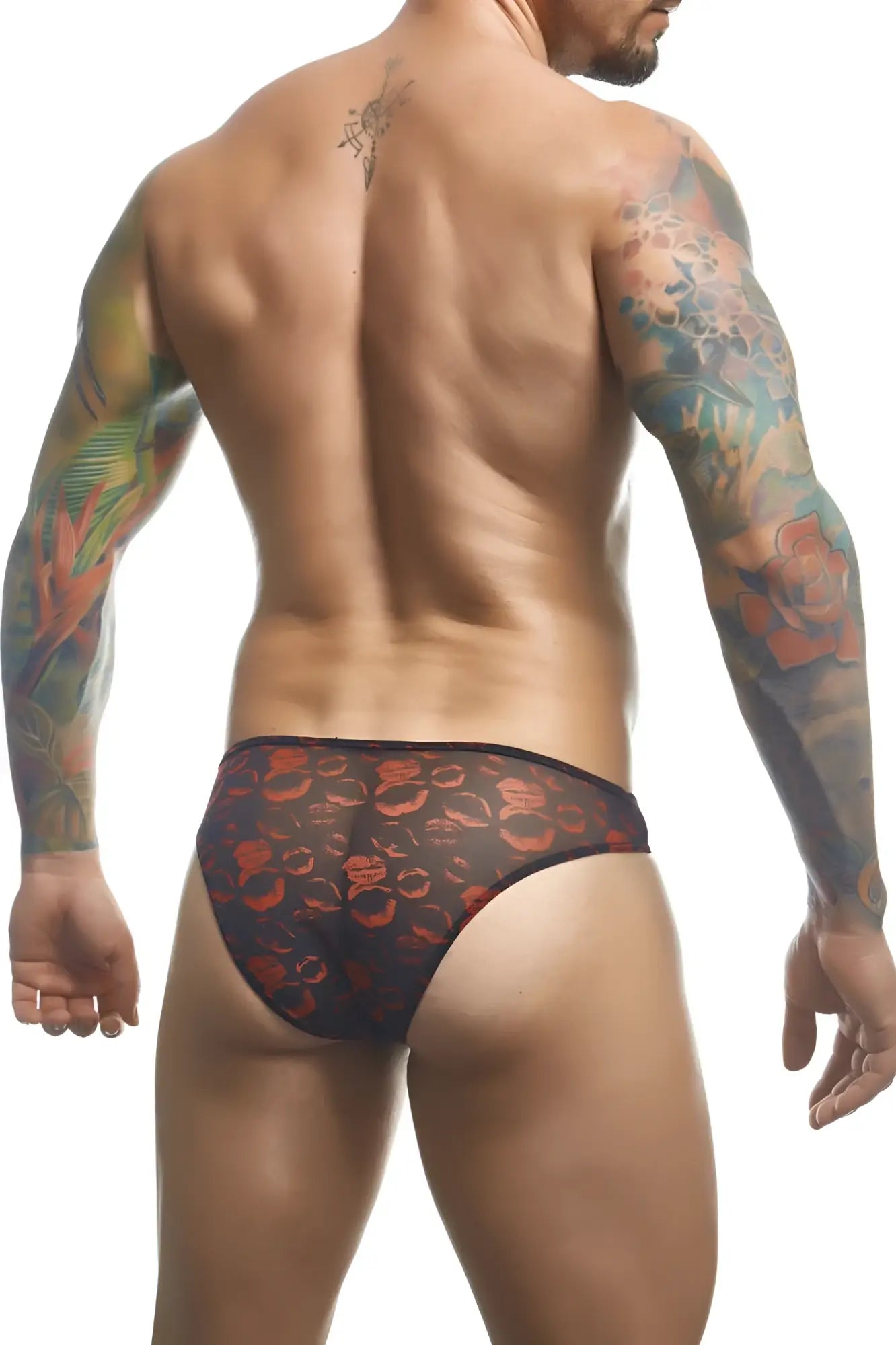 Black sheer briefs with bold red and orange circular pattern from justin simon xsj01 classic bikini color lips collection