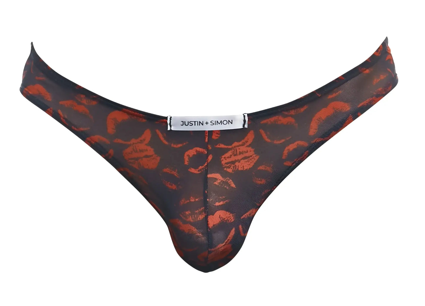 Black sheer thong bikini with bold orange lipstick print and justin plus simon label xsj01 classic lips design