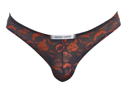 Black sheer thong bikini with bold orange lipstick print and justin plus simon label xsj01 classic lips design