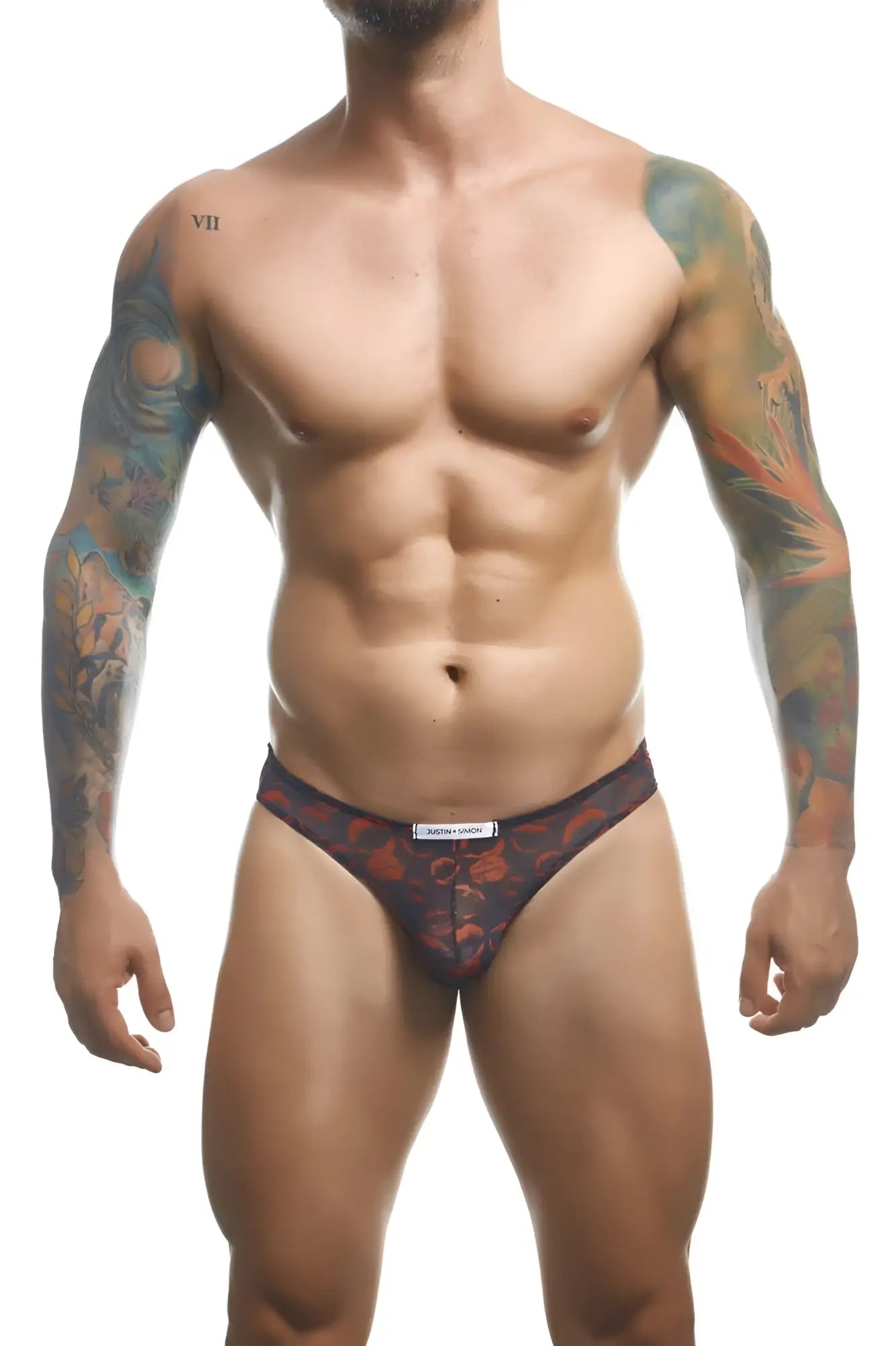 Black briefs justin+simon xsj01 classic bikini with vibrant red and orange floral pattern and dare to wear label