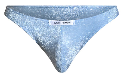 Light blue glittery lurex thong by justin and simon classic bikini xsj01 showing front side details