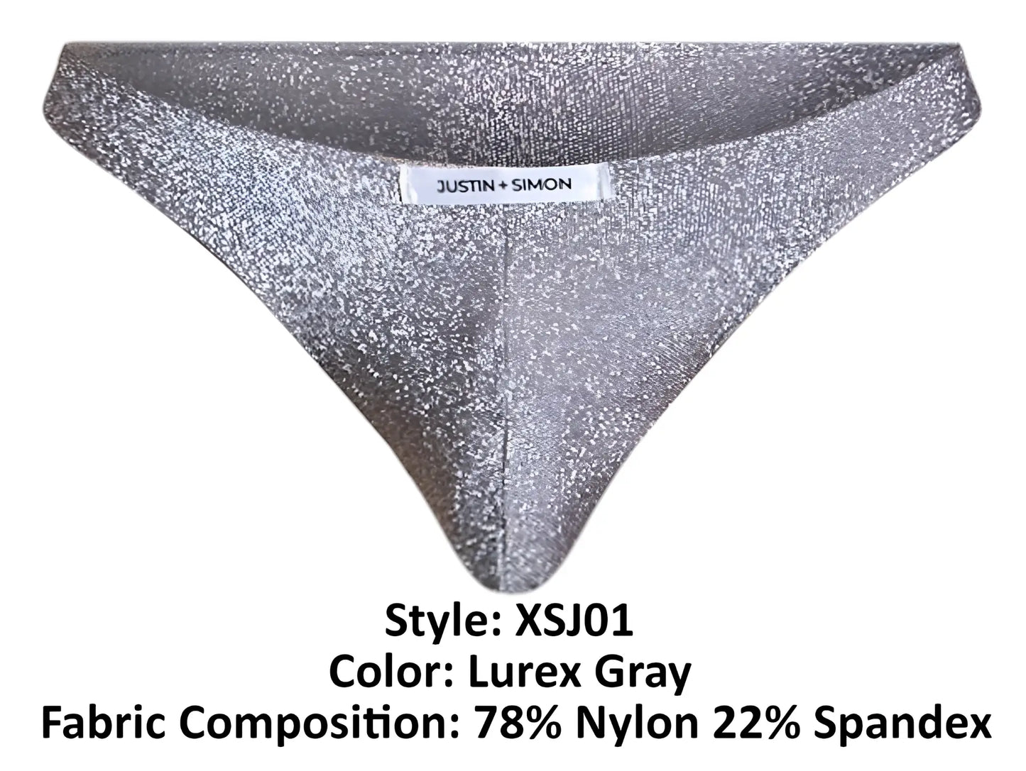 Justin plus simon xsj01 classic bikini gray thong made of 78 nylon and 22 spandex with a shimmering lurex finish