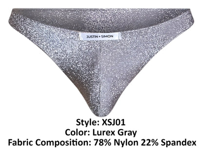 Justin plus simon xsj01 classic bikini gray thong made of 78 nylon and 22 spandex with a shimmering lurex finish