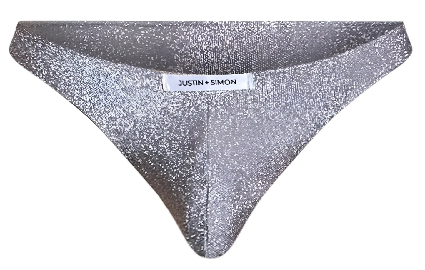 Silver glittery triangular briefs in lurex gray by justin plus simon classic bikini xsj01 model