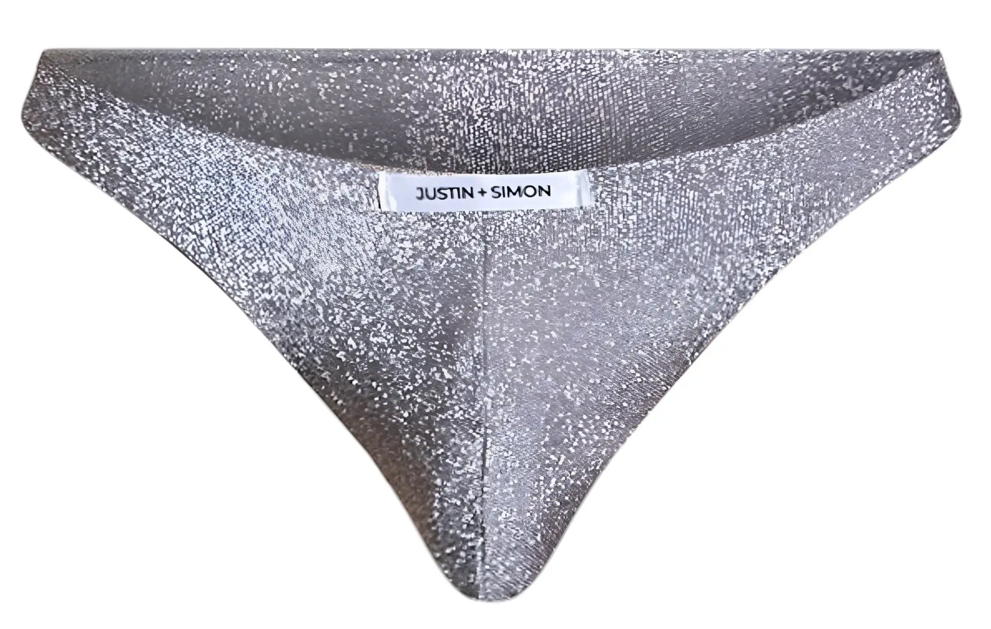 Silver glittery triangular briefs in lurex gray by justin plus simon classic bikini xsj01 model