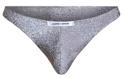 Silver glittery triangular briefs in lurex gray by justin plus simon classic bikini xsj01 model