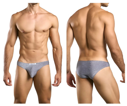 Gray sparkly briefs with a subtle textured pattern from justin simon classic bikini color lurex gray collection