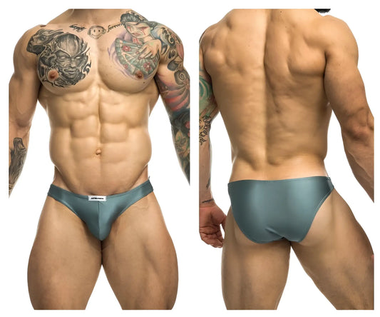 Teal satin classic bikini briefs with subtle sheen and white Justin+Simon brand tag at waistband metal green color