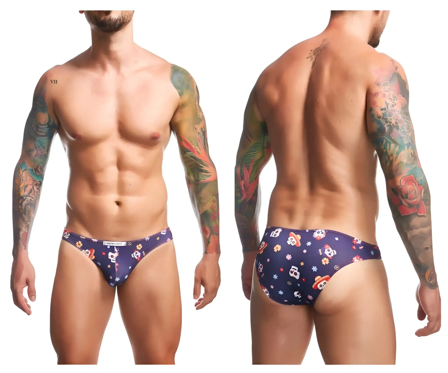 Dark blue mens swim trunks justin simon xsj01 classic bikini color mexico with colorful skull and floral pattern