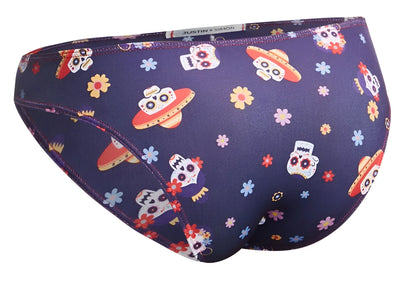 Dark purple justin+simon xsj01 classic bikini swim trunks with vibrant sugar skull and ufo pattern for mexico
