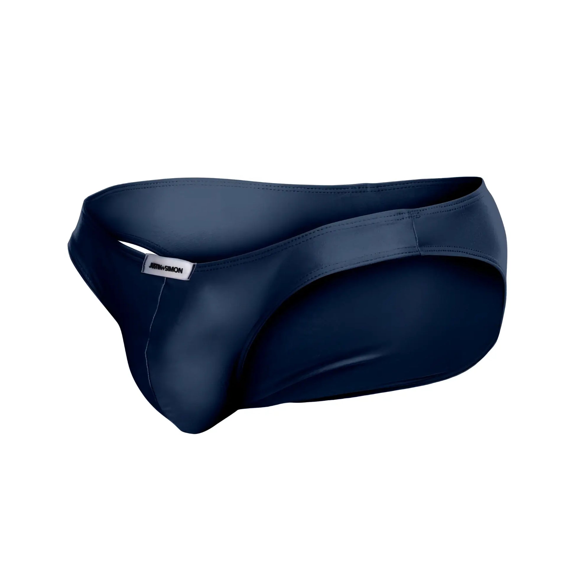 Navy blue silicone briefs with a sleek form-fitting design and a small white Justin Simon brand tag on the waistband