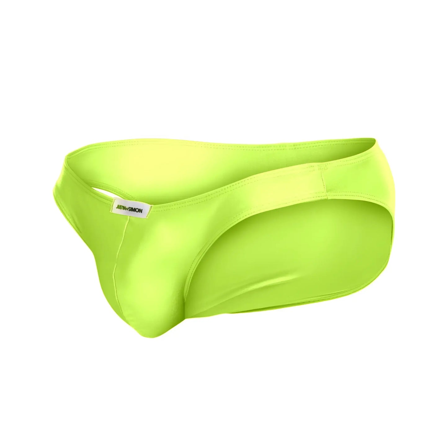 Bright neon green justin simon xsj01 classic bikini men’s briefs in smooth, form-fitting fabric with subtle brand tag