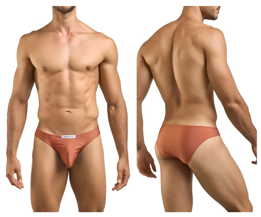 A sleek rust-colored justin plus simon xsj01 classic bikini brief with smooth form-fitting design and white waistband label