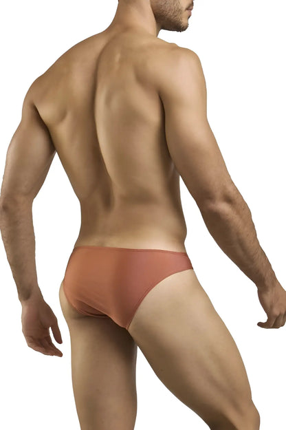 Justin and simon xsj01 classic bikini in ochre with a sleek rust-colored smooth form-fitting design