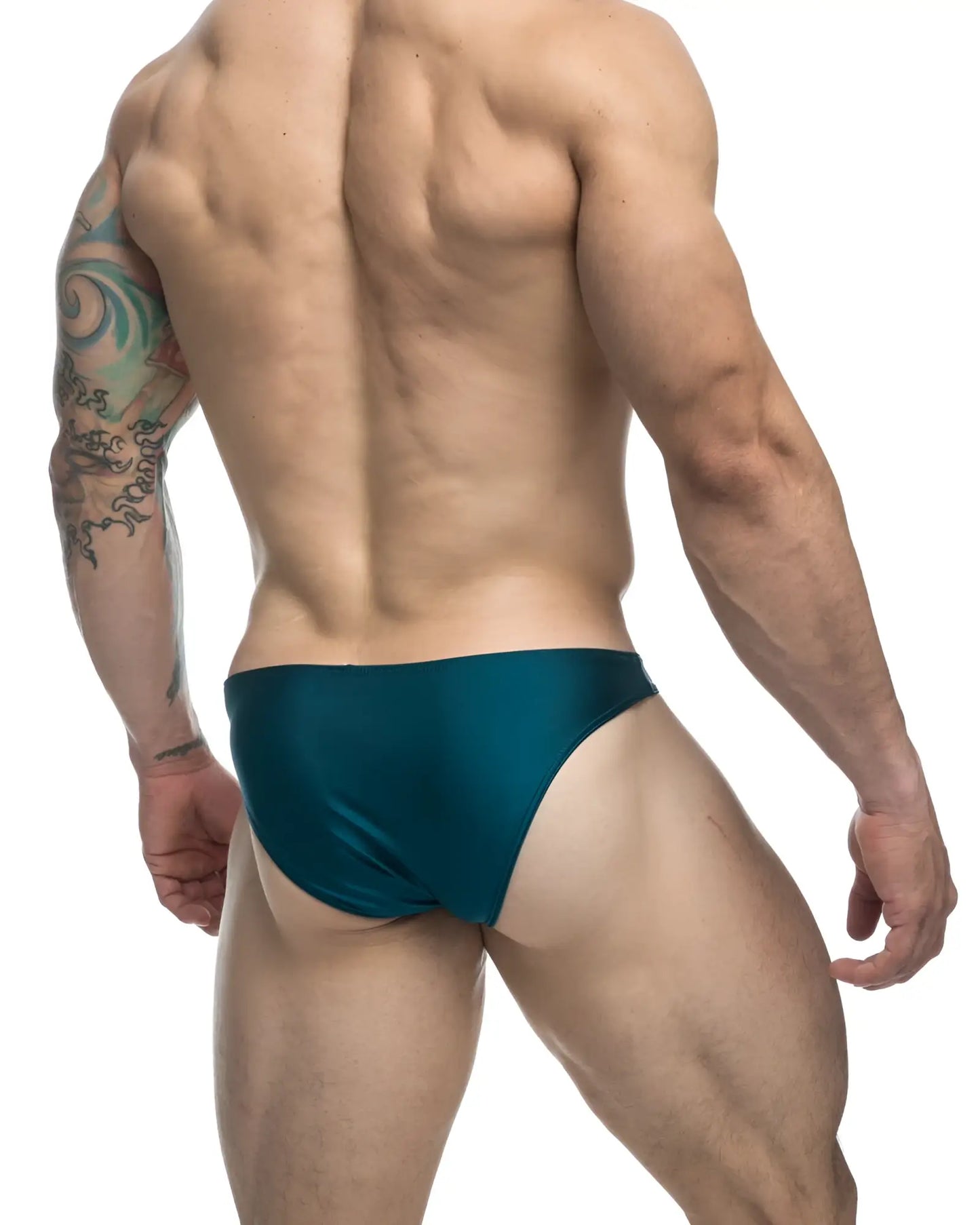 Teal satin briefs classic bikini style in opal green by justin simon with smooth shiny fabric and sleek fit