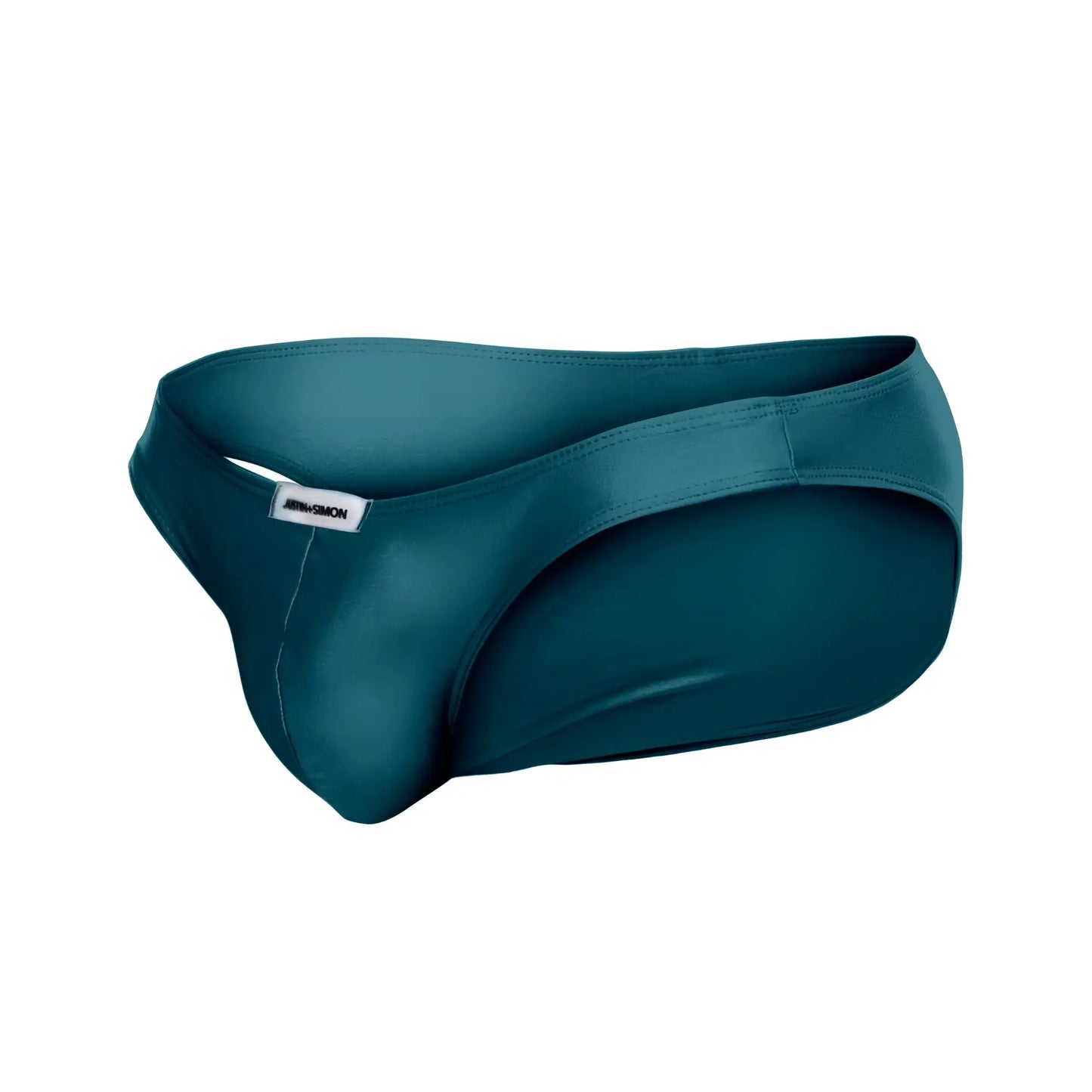 Teal satin briefs with a sleek form-fitting design and subtle brand tag on the waistband justin simon xsj01