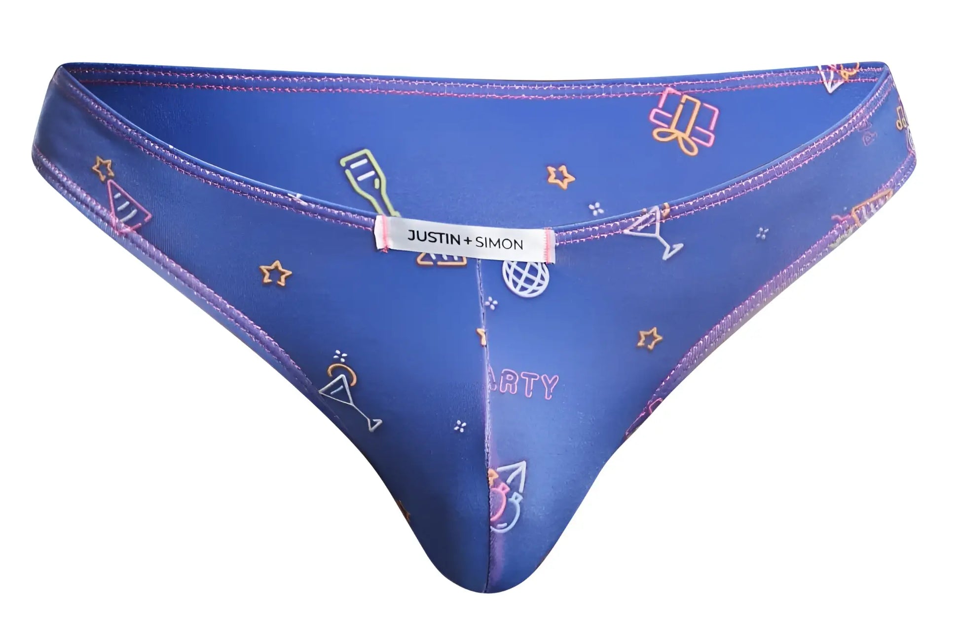 Blue justin simon thong bikini with neon party graphics and purple trim from the xsj01 classic bikini color party collection