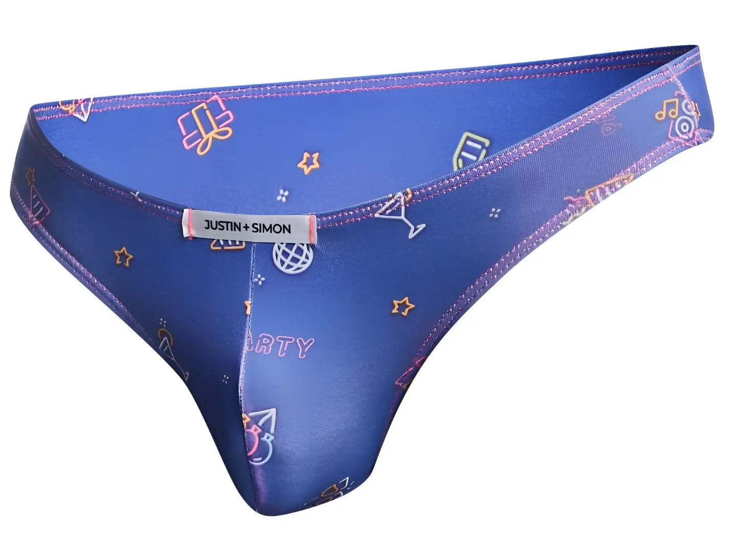 Blue justin simon thong bikini with shiny neon party icons like martini glasses and stars for festive wear