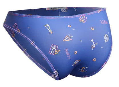 Blue men’s swim trunks with neon party-themed icons including champagne flutes confetti cannons and speakers
