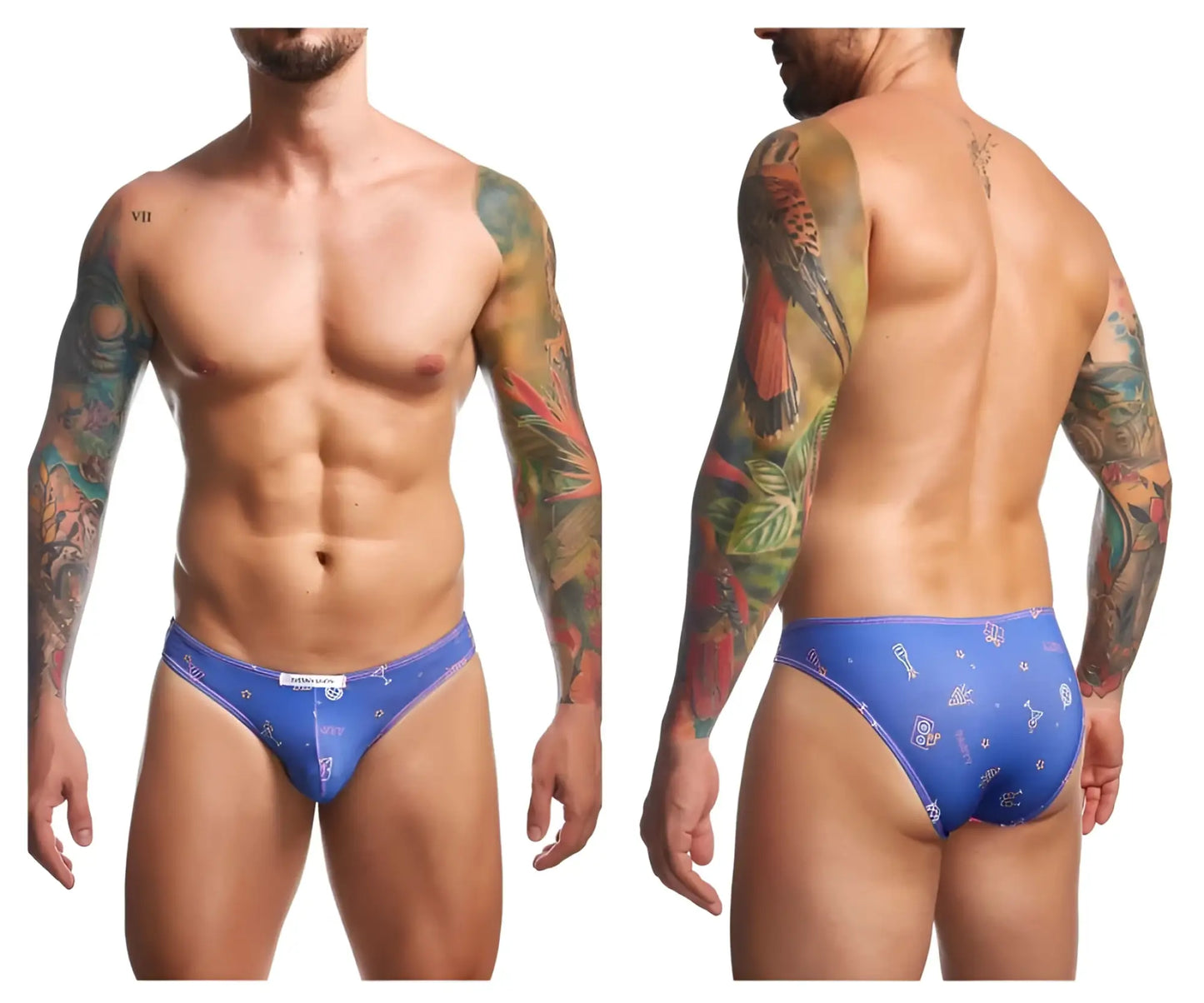 Blue patterned men’s briefs with tropical bird and leaf design from justin simon xsj01 classic bikini color party collection