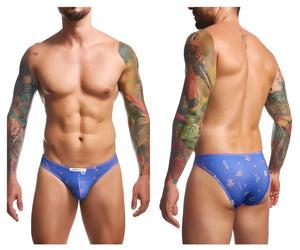 Blue patterned men’s briefs with tropical bird and leaf design from justin simon xsj01 classic bikini color party collection