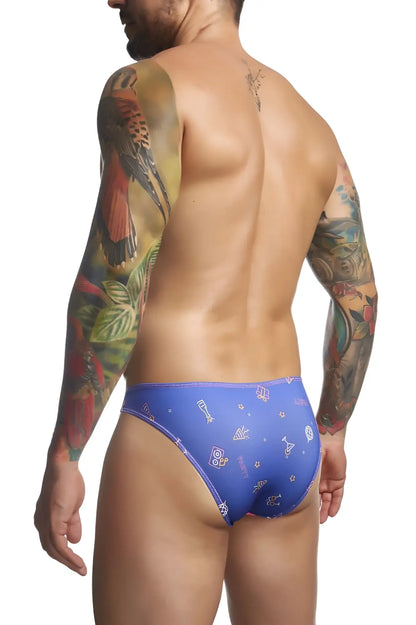 Blue swim trunks justin simon xsj01 classic bikini with playful white and yellow icon pattern for color party use