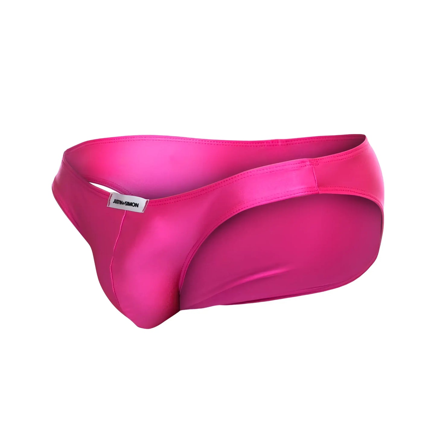 Vibrant fuchsia satin briefs with sleek form-fitting design and subtle brand tag from justin+simon xsj01 classic bikini