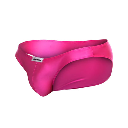 Vibrant fuchsia satin briefs with sleek form-fitting design and subtle brand tag from justin+simon xsj01 classic bikini