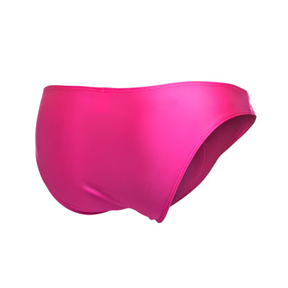 A vibrant fuchsia justin simon xsj01 classic bikini swim brief with satin finish and clean edge stitching