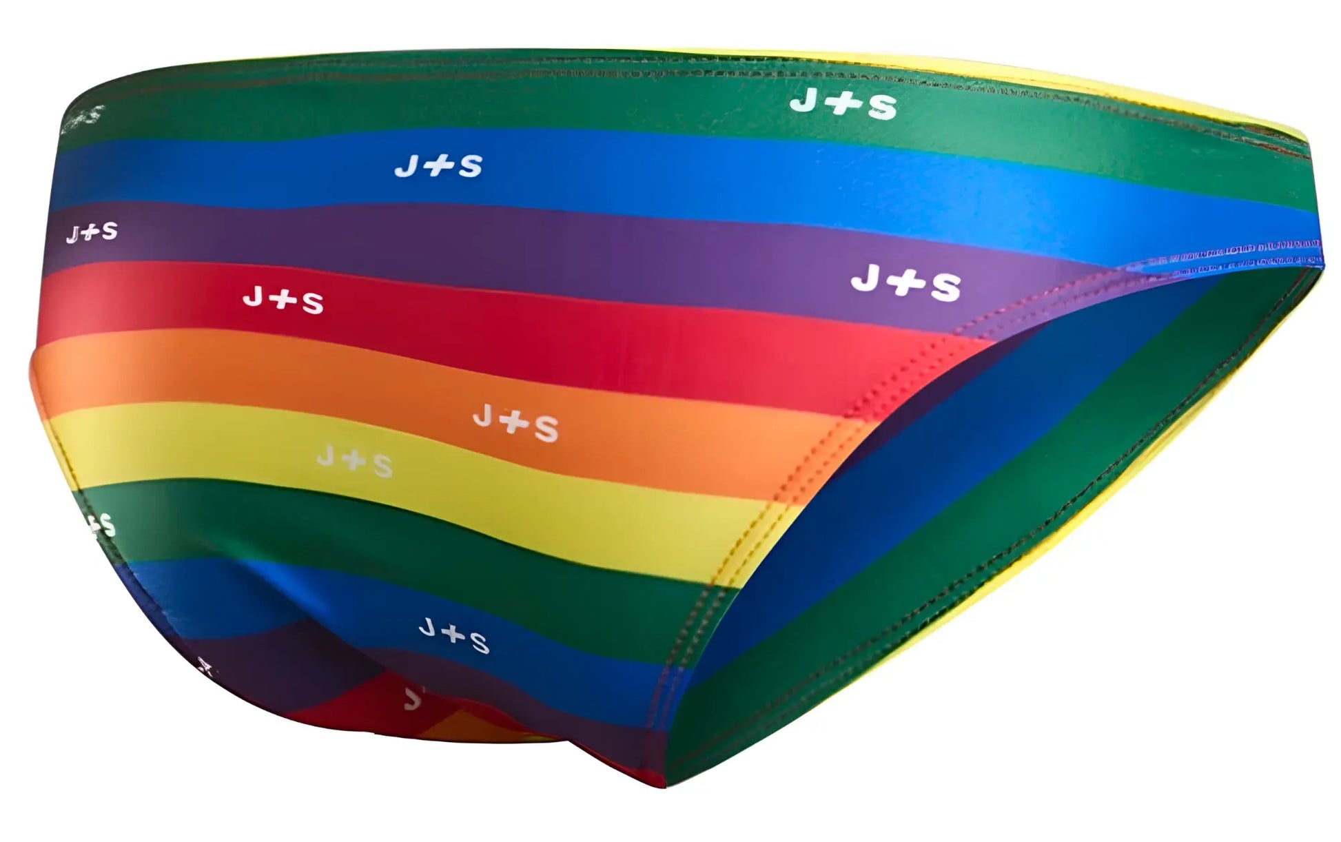 Rainbow-striped justin simon xsj01 classic bikini briefs with white j+s logos on each color band for pride flag wear