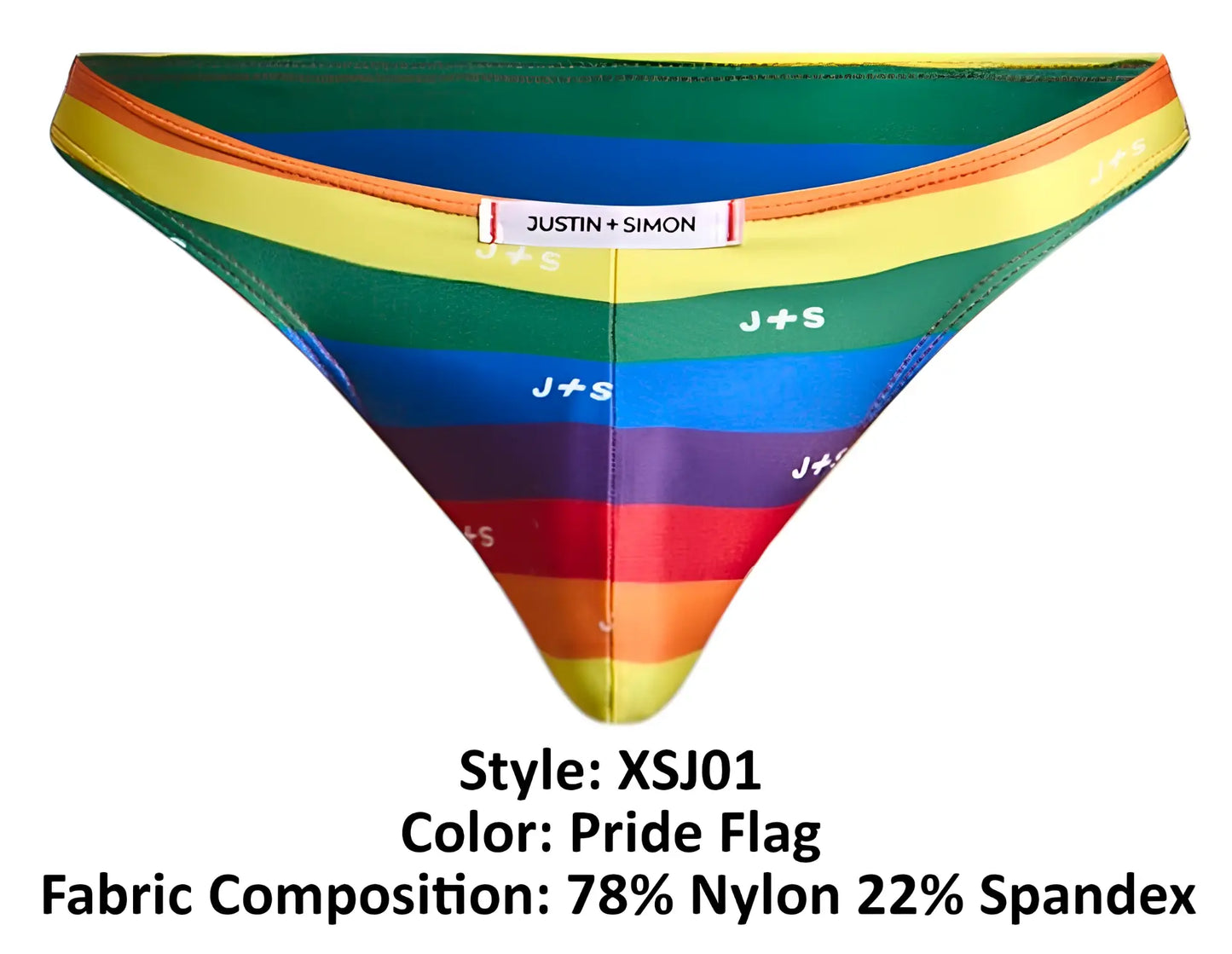 Rainbow-striped justin simon classic bikini briefs in pride flag colors with j+s logo printed on soft fabric