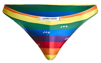 Rainbow-striped men’s briefs by justin + simon with j+s branding in classic bikini style pride flag colors