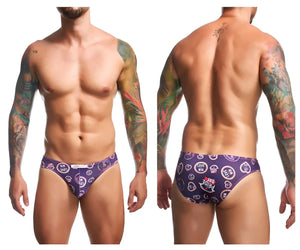 Purple patterned classic bikini swim trunks by justin simon featuring circular love win logos for color pride