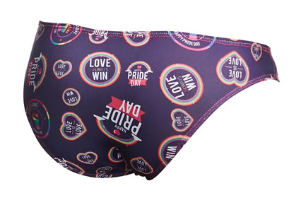 Purple justin simon xsj01 classic bikini swim trunks with vibrant rainbow pride day graphic pattern