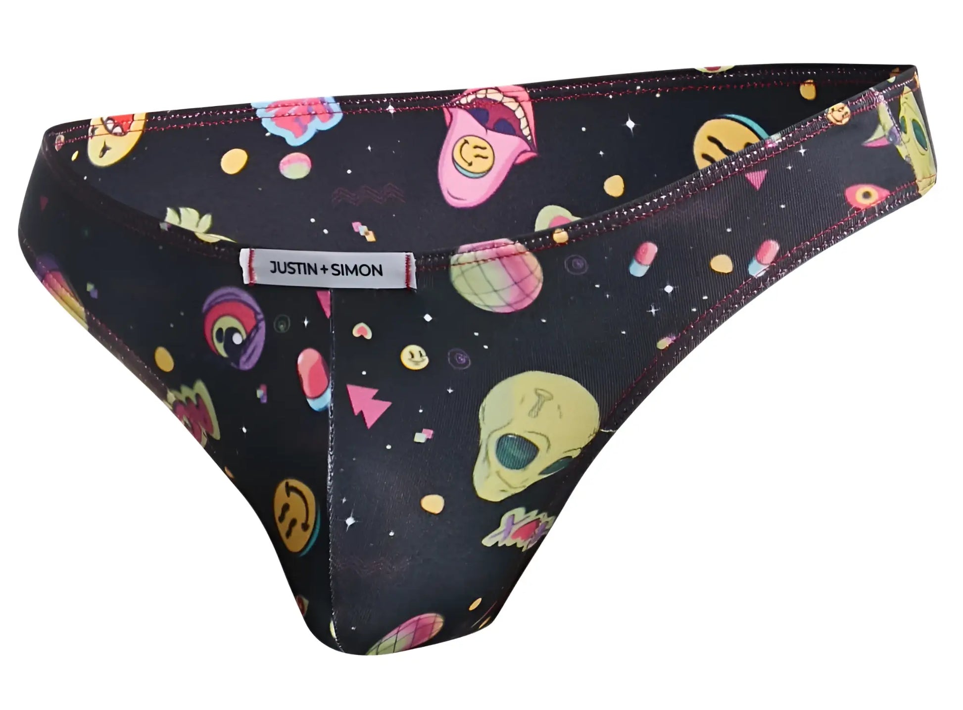 Black justin simon xsj01 classic bikini thong with vibrant cosmic pattern featuring colorful alien faces skulls and space graphics
