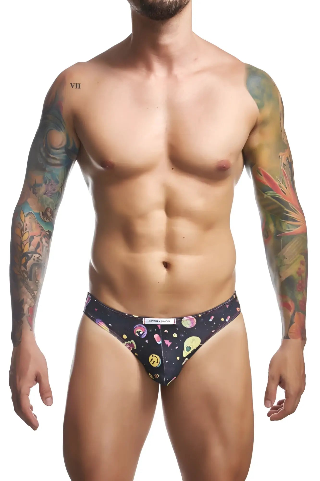 Black men’s briefs justin+simon xsj01 classic bikini with vibrant cosmic pattern in colorful skulls planets and smiley faces