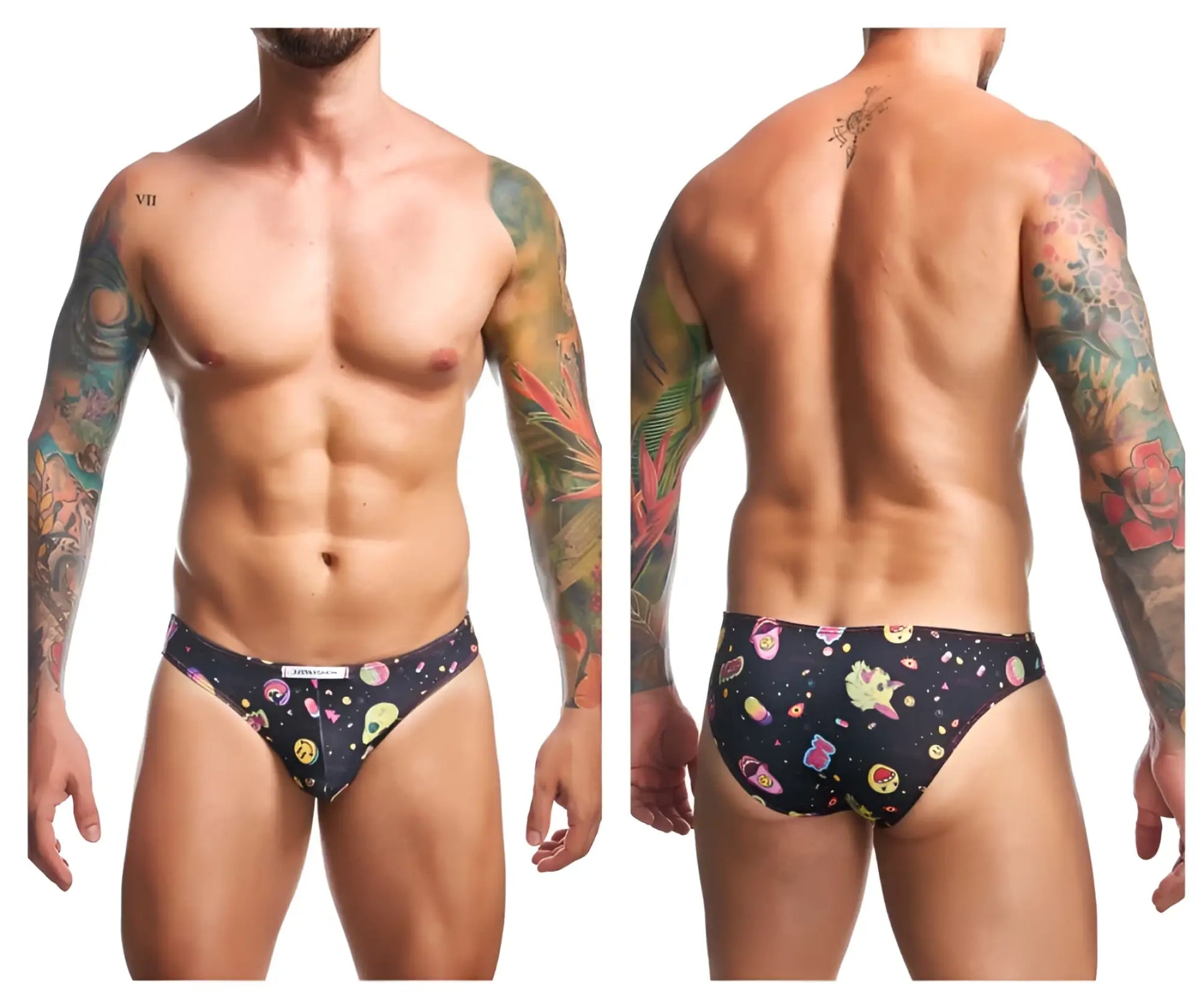Black men’s briefs justin+simon xsj01 classic bikini with vibrant space-themed pattern of colorful cartoon aliens and planets