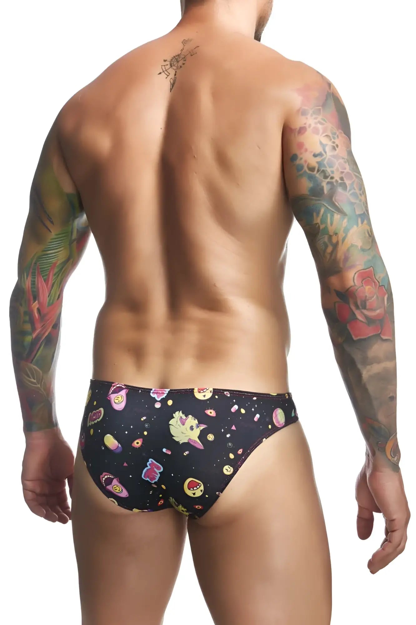 Black justin simon xsj01 classic bikini swim trunks with vibrant colorful cartoonish space-themed pattern