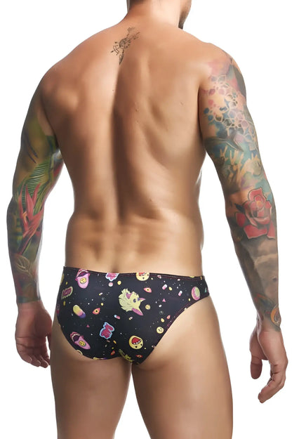 Black justin simon xsj01 classic bikini swim trunks with vibrant colorful cartoonish space-themed pattern