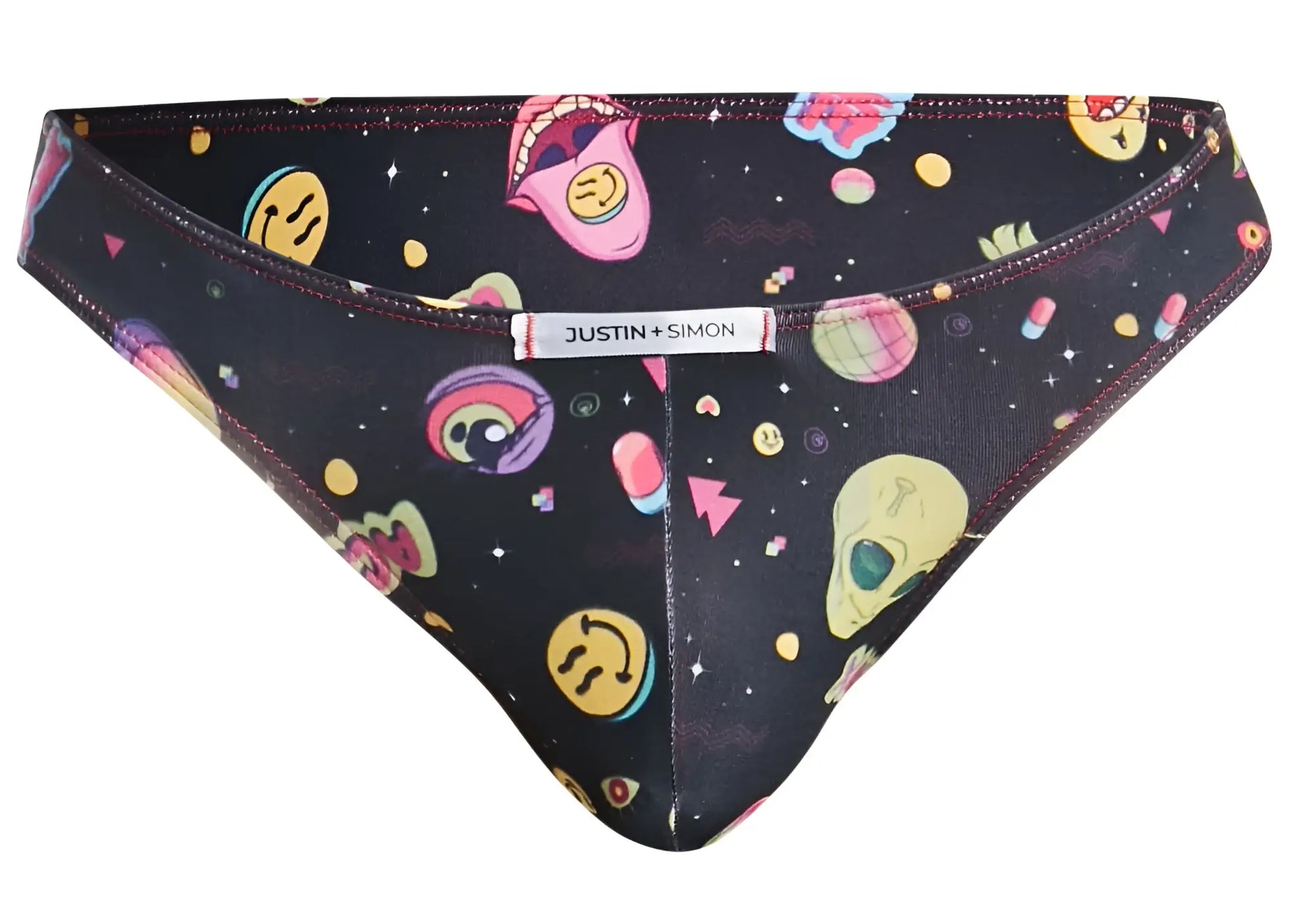Black bikini bottom with vibrant retro space-themed pattern featuring smiling faces skulls planets and stars