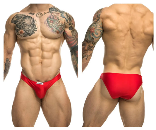 Red athletic briefs justin simon xsj01 classic bikini with a small white brand tag on the waistband