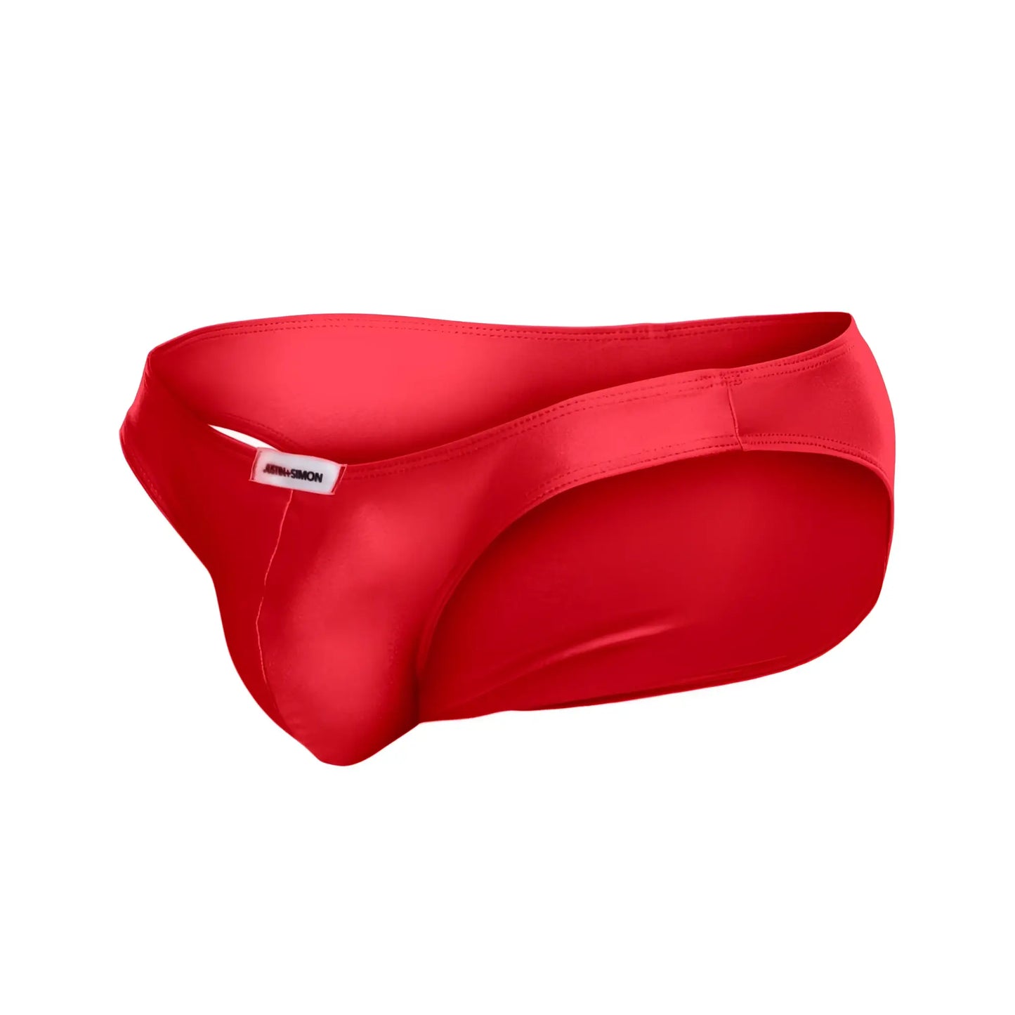 Vibrant red satin briefs justin simon xsj01 classic bikini with sleek form fitting design and subtle brand tag on waistband