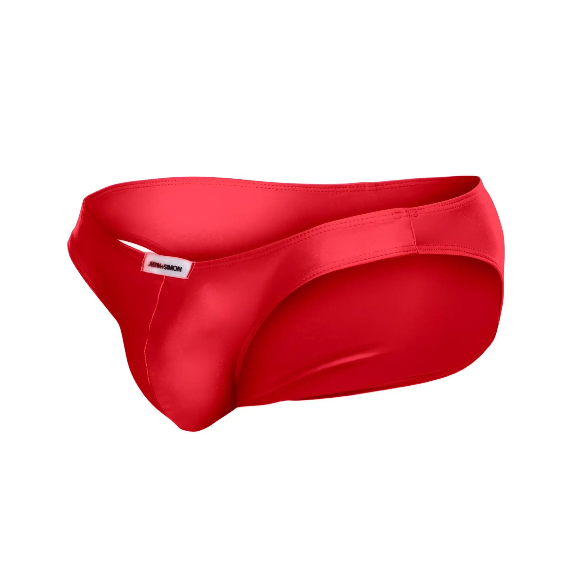 Vibrant red satin briefs justin simon xsj01 classic bikini with sleek form fitting design and subtle brand tag on waistband