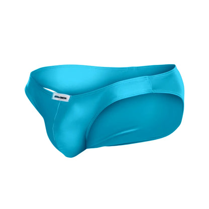 A sleek bright turquoise justin simon xsj01 classic bikini mens brief with smooth satin finish and minimalist design